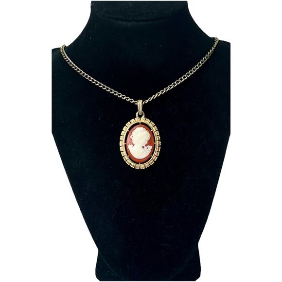 Vintage Cameo or Fleur De Lis REVERSIBLE Pendant Necklace Gold Tone - 28” - Picture 1 of 14
